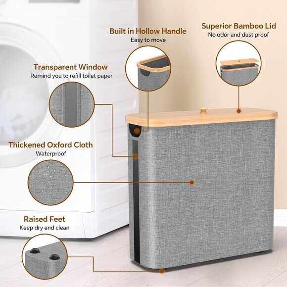 Toilet Paper Storage w/Bamboo Lid, 33.8L Foldable Toilet Paper Basket Organizer - Picture 5 of 7